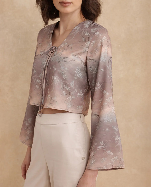 Rareism Women Poulop Dusky Multi Satin Bell Sleeves V-Neck Cropped Floral Print Top