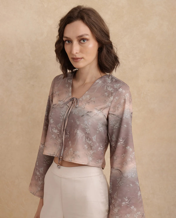 Rareism Women Poulop Dusky Multi Satin Bell Sleeves V-Neck Cropped Floral Print Top