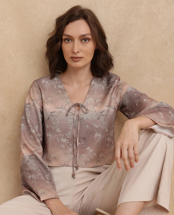 Rareism Women Poulop Dusky Multi Satin Bell Sleeves V-Neck Cropped Floral Print Top