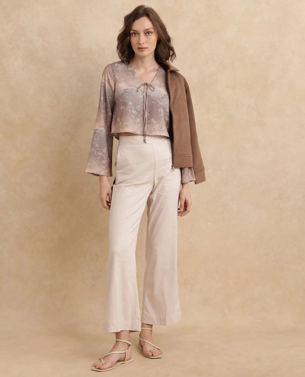 Rareism Women Poulop Dusky Multi Satin Bell Sleeves V-Neck Cropped Floral Print Top