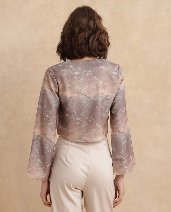 Rareism Women Poulop Dusky Multi Satin Bell Sleeves V-Neck Cropped Floral Print Top