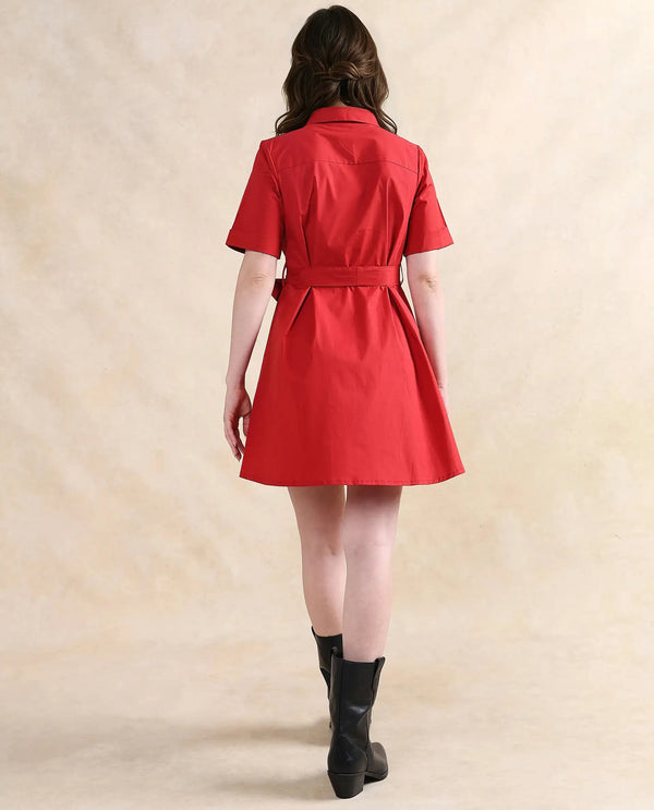 Rareism Women Poutf Rust Cotton Fabric Regular Sleeves Collared Neck Zipper Closure Flared Mini Plain Dress