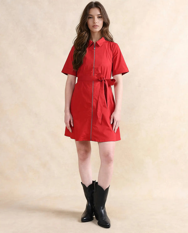 Rareism Women Poutf Rust Cotton Fabric Regular Sleeves Collared Neck Zipper Closure Flared Mini Plain Dress