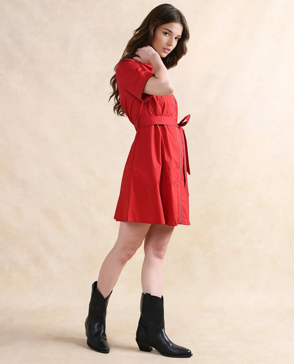 Rareism Women Poutf Rust Cotton Fabric Regular Sleeves Collared Neck Zipper Closure Flared Mini Plain Dress