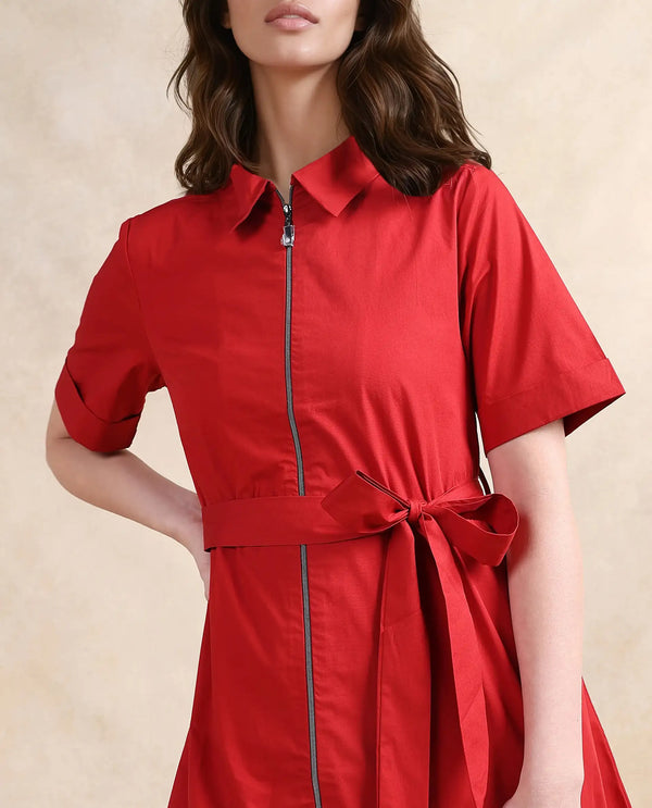 Rareism Women Poutf Rust Cotton Fabric Regular Sleeves Collared Neck Zipper Closure Flared Mini Plain Dress