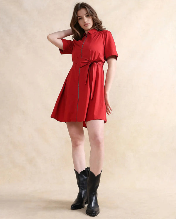 Rareism Women Poutf Rust Cotton Fabric Regular Sleeves Collared Neck Zipper Closure Flared Mini Plain Dress