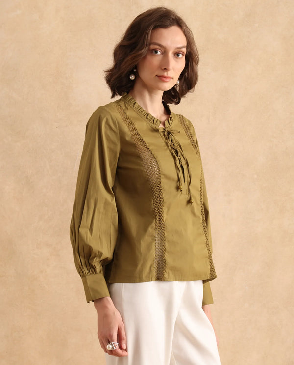 Rareism Women Penla Light Green Poplin Fabric Cuffed Sleeve V-Neck Tie-Up Closure Regular Fit Plain Top