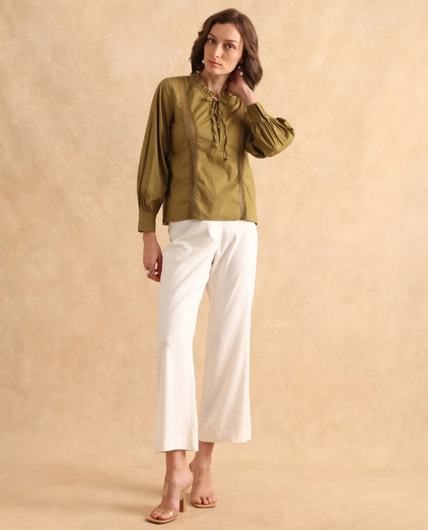 Rareism Women Penla Light Green Poplin Fabric Cuffed Sleeve V-Neck Tie-Up Closure Regular Fit Plain Top