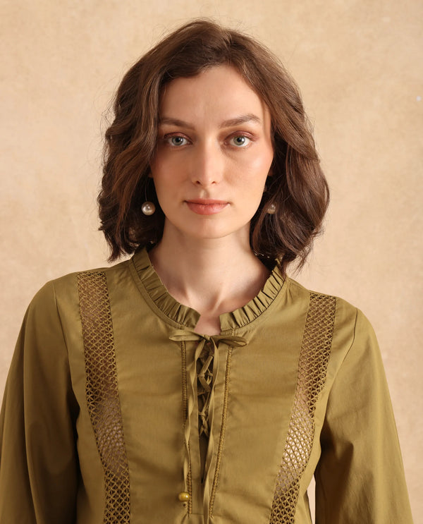 Rareism Women Penla Light Green Poplin Fabric Cuffed Sleeve V-Neck Tie-Up Closure Regular Fit Plain Top