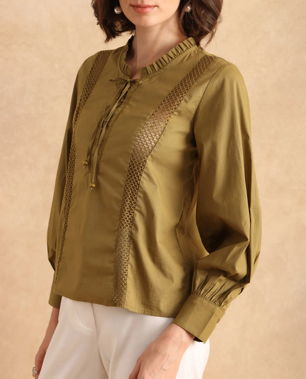 Rareism Women Penla Light Green Poplin Fabric Cuffed Sleeve V-Neck Tie-Up Closure Regular Fit Plain Top