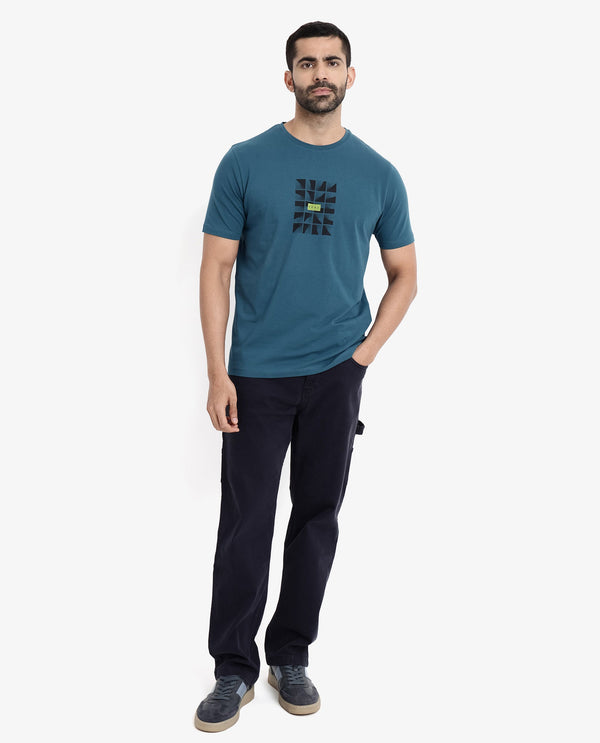 Rare Rabbit Men Pran Turq Cotton Fabric Short Sleeve Crew Neck Regular Fit Graphic Print T-Shirt