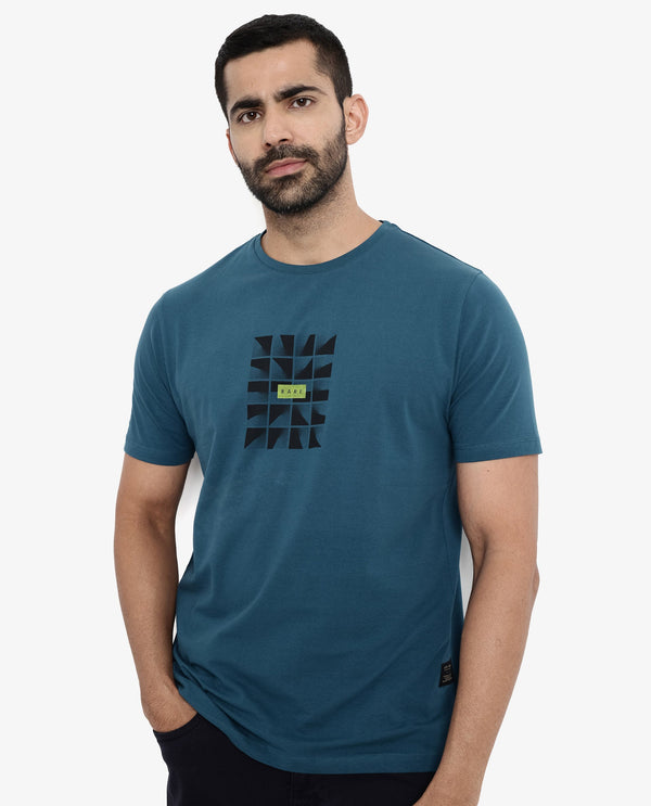 Rare Rabbit Men Pran Turq Cotton Fabric Short Sleeve Crew Neck Regular Fit Graphic Print T-Shirt
