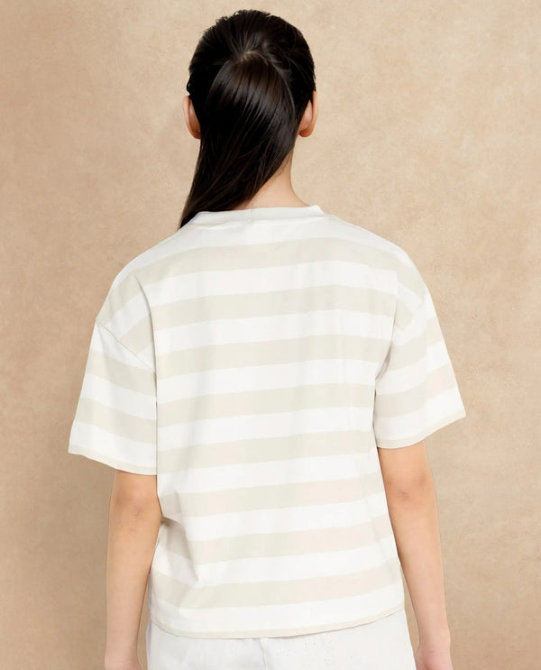 Rareism Women Prandant Off White Cotton Elastane Fabric Crew Neck Knit Stripe T-Shirt