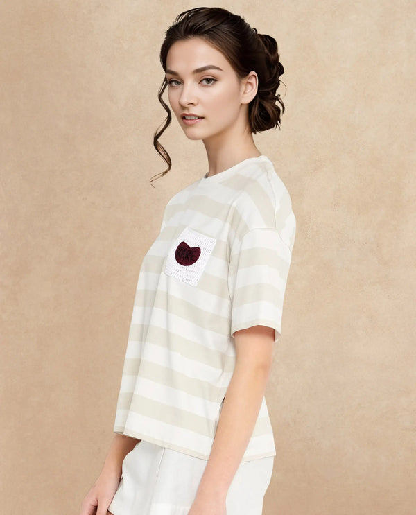 Rareism Women Prandant Off White Cotton Elastane Fabric Crew Neck Knit Stripe T-Shirt