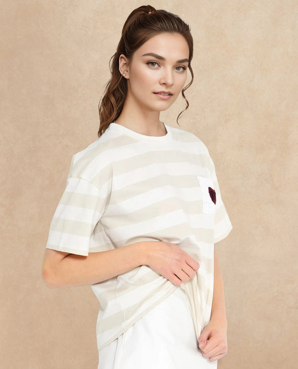 Rareism Women Prandant Off White Cotton Elastane Fabric Crew Neck Knit Stripe T-Shirt