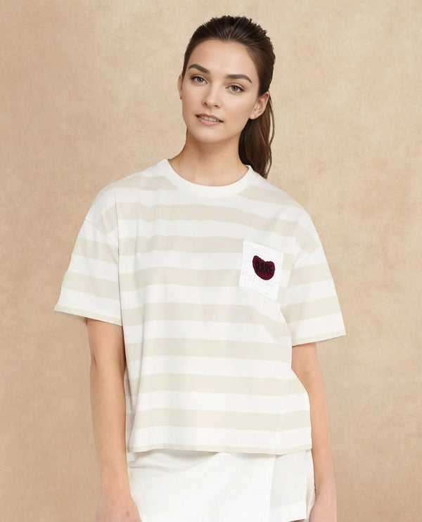 Rareism Women Prandant Off White Cotton Elastane Fabric Crew Neck Knit Stripe T-Shirt
