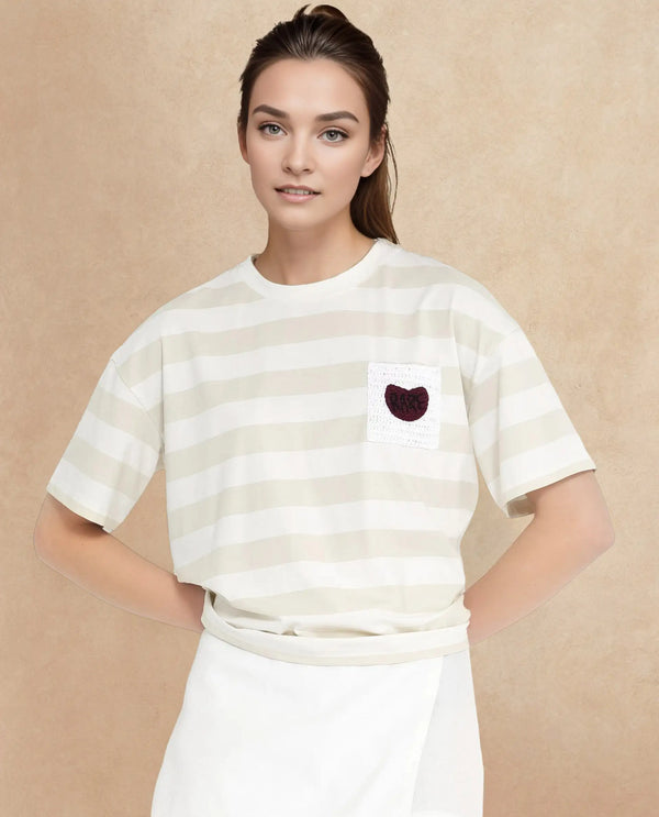 Rareism Women Prandant Off White Cotton Elastane Fabric Crew Neck Knit Stripe T-Shirt