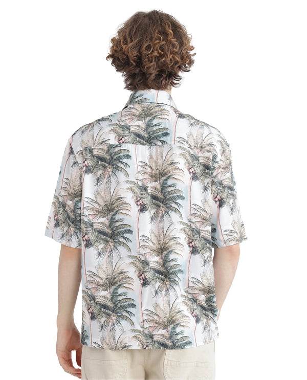 Rare Rabbit Men's Pratts Offwhite Cotton Fabric Regular Fit Short Sleeve Botanical Print Shirt