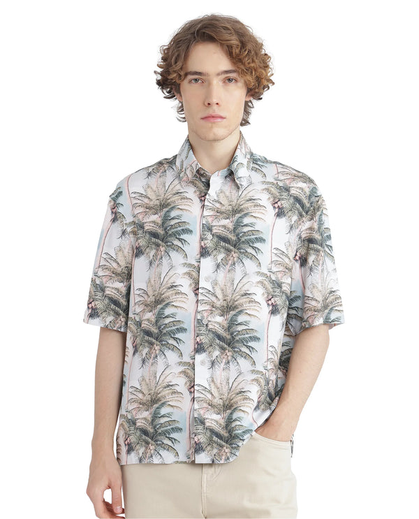 Rare Rabbit Men's Pratts Offwhite Cotton Fabric Regular Fit Short Sleeve Botanical Print Shirt
