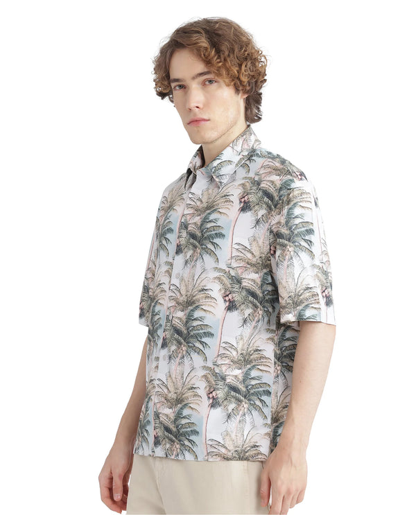 Rare Rabbit Men's Pratts Offwhite Cotton Fabric Regular Fit Short Sleeve Botanical Print Shirt