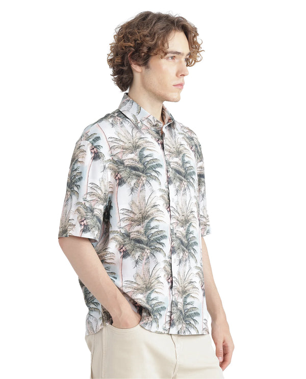 Rare Rabbit Men's Pratts Offwhite Cotton Fabric Regular Fit Short Sleeve Botanical Print Shirt