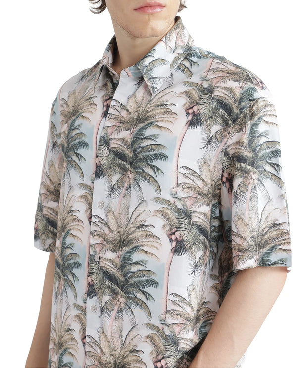 Rare Rabbit Men's Pratts Offwhite Cotton Fabric Regular Fit Short Sleeve Botanical Print Shirt