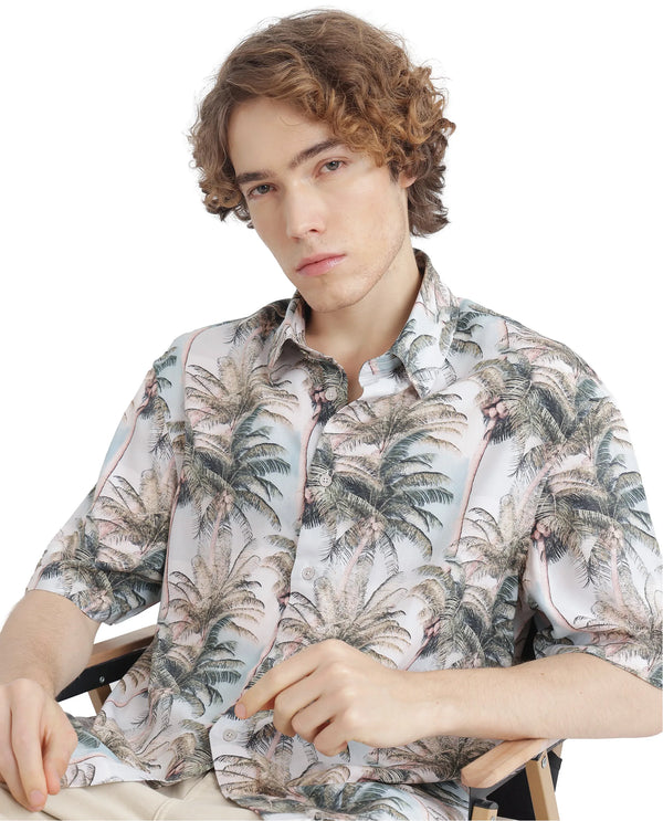 Rare Rabbit Men's Pratts Offwhite Cotton Fabric Regular Fit Short Sleeve Botanical Print Shirt