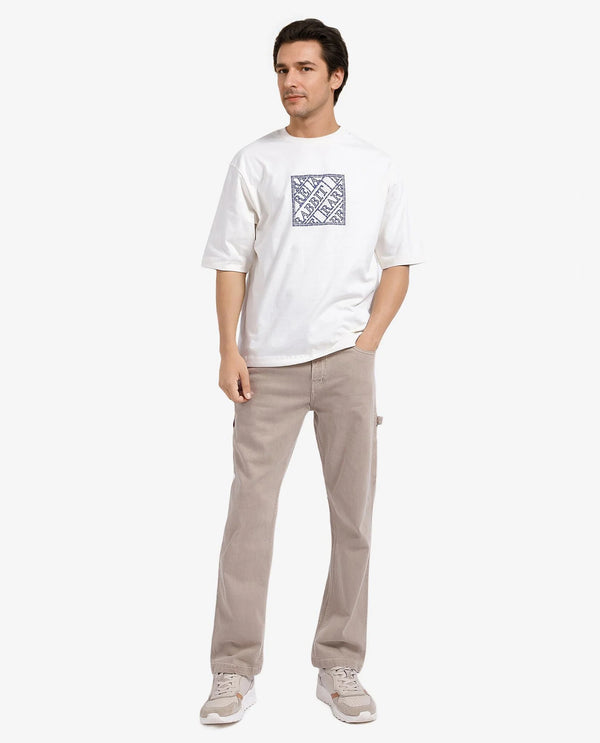Rare Rabbit Men Pree Off-White Short Sleeve Crew Neck Oversized Fit Embroidered T-Shirt