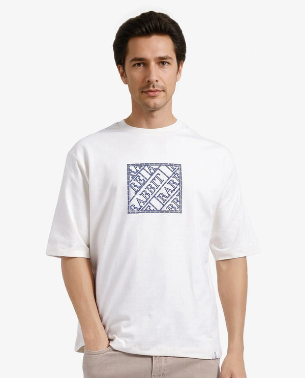 Rare Rabbit Men Pree Off-White Short Sleeve Crew Neck Oversized Fit Embroidered T-Shirt
