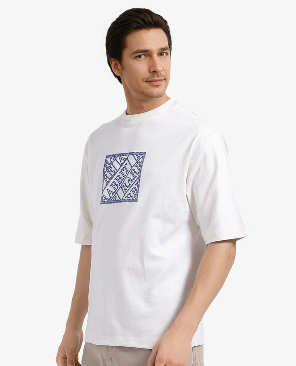 Rare Rabbit Men Pree Off-White Short Sleeve Crew Neck Oversized Fit Embroidered T-Shirt