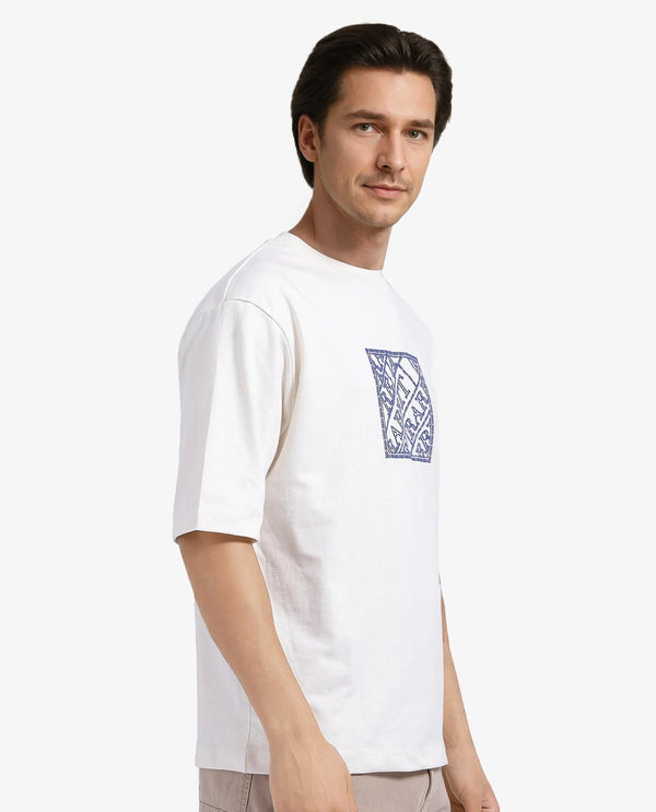Rare Rabbit Men Pree Off-White Short Sleeve Crew Neck Oversized Fit Embroidered T-Shirt