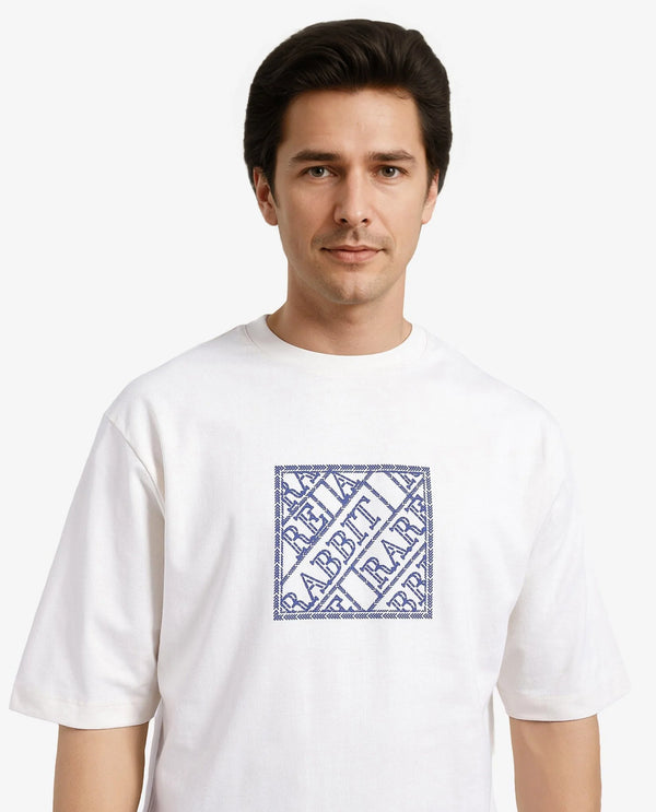 Rare Rabbit Men Pree Off-White Short Sleeve Crew Neck Oversized Fit Embroidered T-Shirt