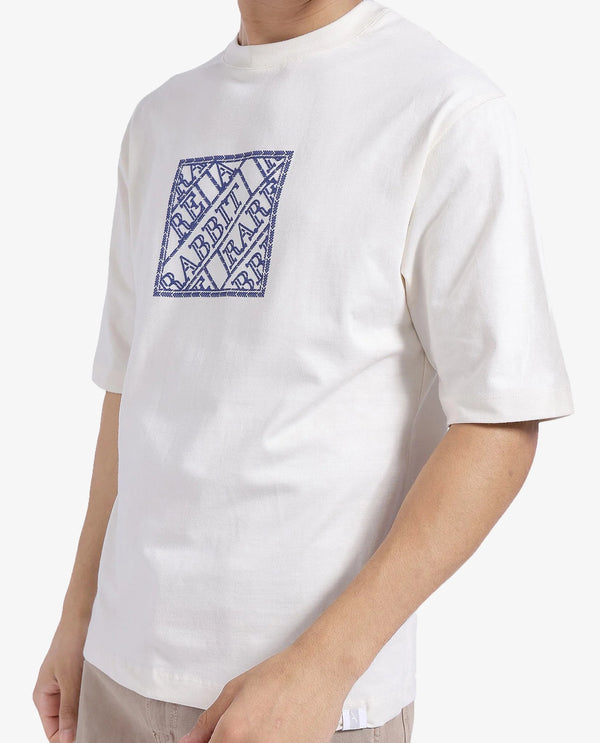 Rare Rabbit Men Pree Off-White Short Sleeve Crew Neck Oversized Fit Embroidered T-Shirt