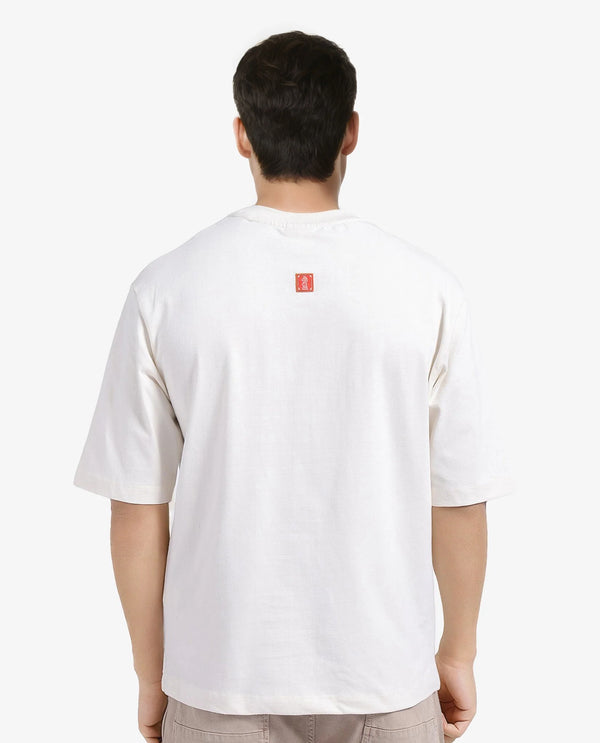 Rare Rabbit Men Pree Off-White Short Sleeve Crew Neck Oversized Fit Embroidered T-Shirt