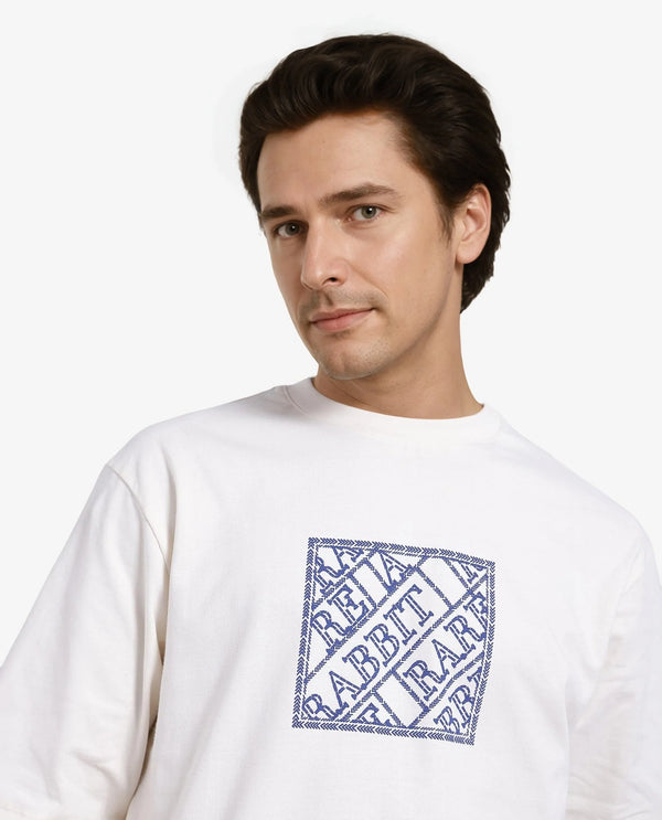 Rare Rabbit Men Pree Off-White Short Sleeve Crew Neck Oversized Fit Embroidered T-Shirt