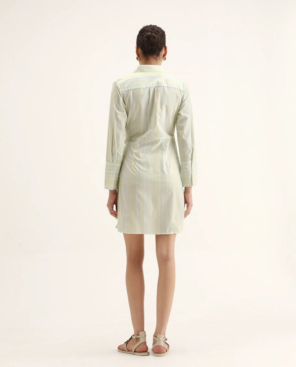 Rareism Women Pregun Multi Cotton Fabric Full Sleeve Johnny Collar Tie-Up Closure Straight Fit Mini Narrow Stripes Dress
