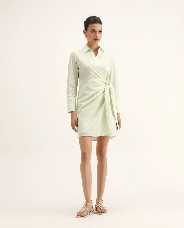 Rareism Women Pregun Multi Cotton Fabric Full Sleeve Johnny Collar Tie-Up Closure Straight Fit Mini Narrow Stripes Dress