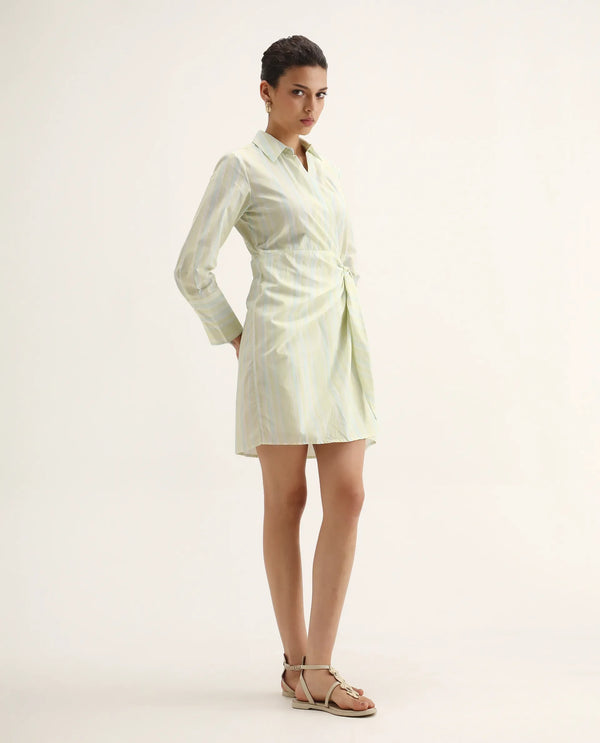 Rareism Women Pregun Multi Cotton Fabric Full Sleeve Johnny Collar Tie-Up Closure Straight Fit Mini Narrow Stripes Dress
