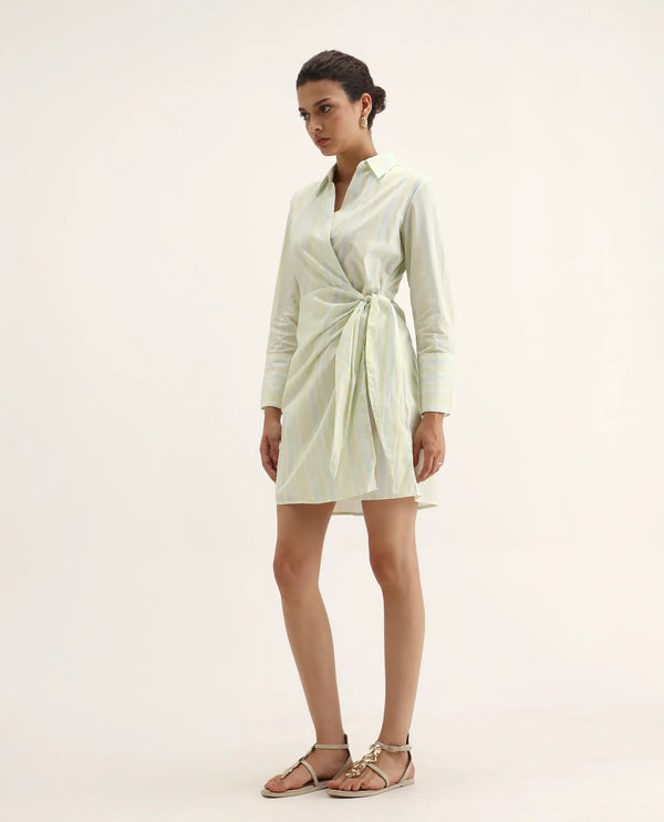 Rareism Women Pregun Multi Cotton Fabric Full Sleeve Johnny Collar Tie-Up Closure Straight Fit Mini Narrow Stripes Dress