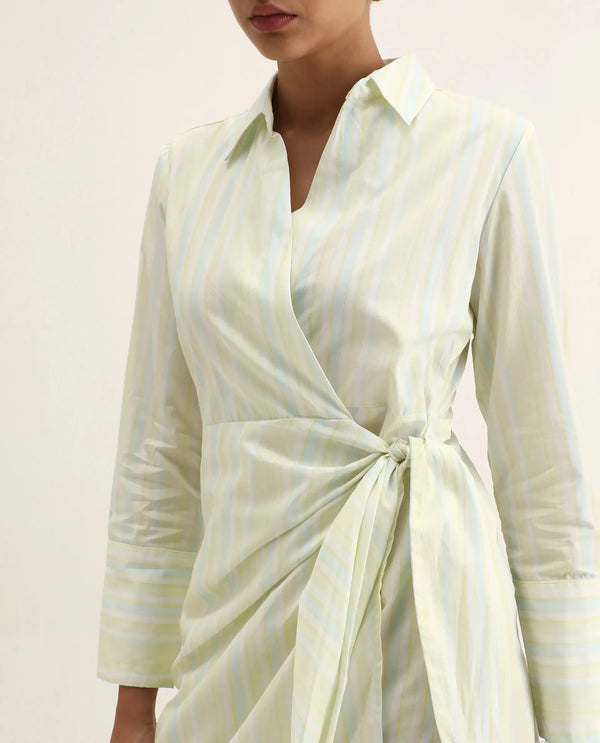 Rareism Women Pregun Multi Cotton Fabric Full Sleeve Johnny Collar Tie-Up Closure Straight Fit Mini Narrow Stripes Dress