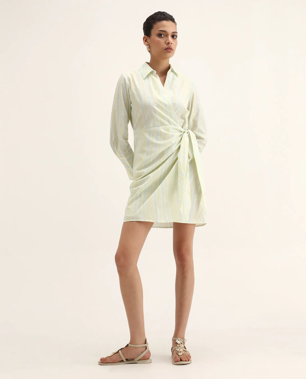 Rareism Women Pregun Multi Cotton Fabric Full Sleeve Johnny Collar Tie-Up Closure Straight Fit Mini Narrow Stripes Dress