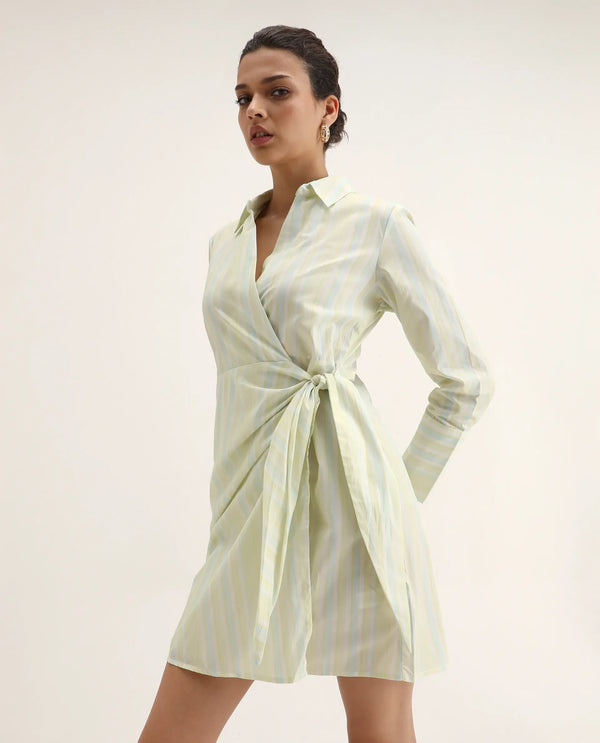 Rareism Women Pregun Multi Cotton Fabric Full Sleeve Johnny Collar Tie-Up Closure Straight Fit Mini Narrow Stripes Dress