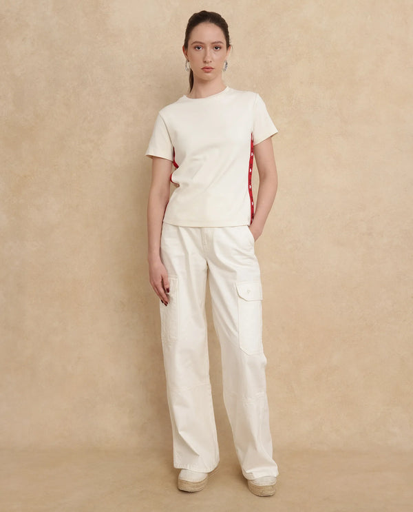Rareism Women Prel White Cotton Fabric Short Sleeve Slim Fit Plain T-Shirt