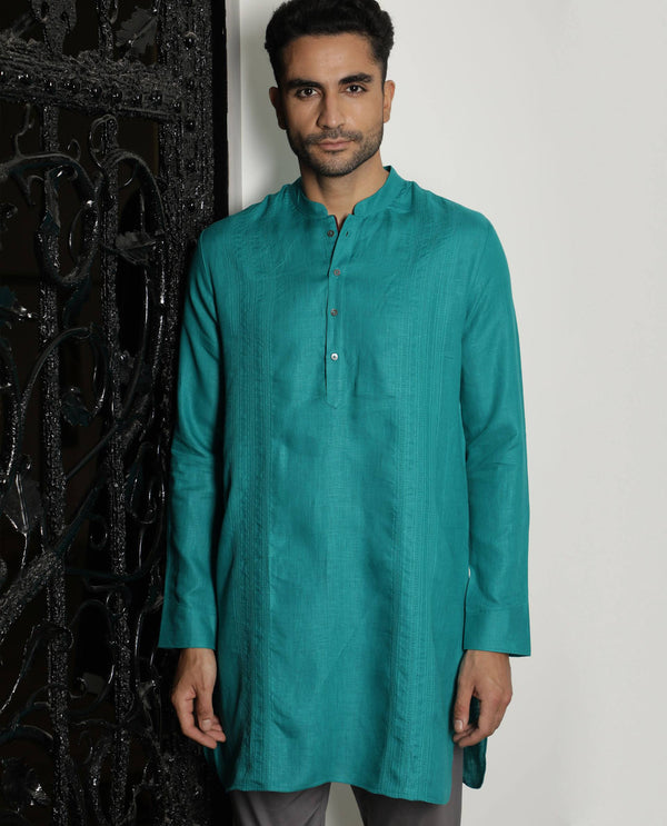 Rare Rabbit President Green Linen Fabric Full Sleeve Mandarin Collar Regular Fit Kurta