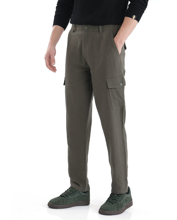 Rare Rabbit Men Presso Dusky Green Double Layer Twill Mid Rise Cargo Style Plain Trouser
