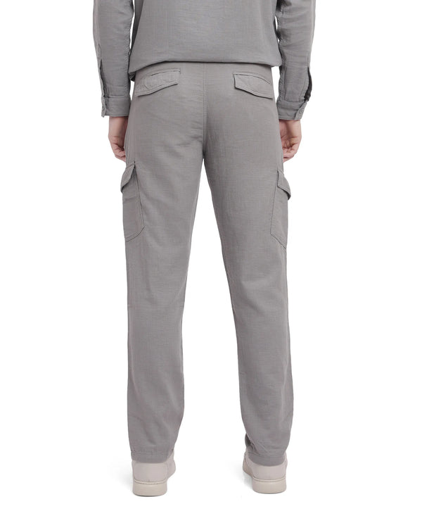 Rare Rabbit Men Presso Light Grey  Double Layer Twill Mid Rise Cargo Style Plain Trouser