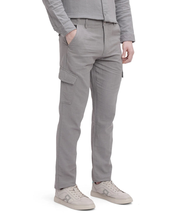 Rare Rabbit Men Presso Light Grey  Double Layer Twill Mid Rise Cargo Style Plain Trouser