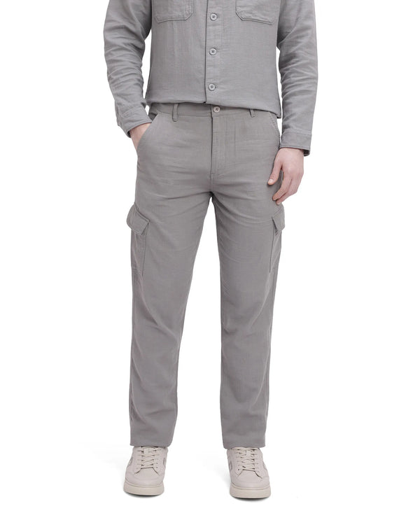 Rare Rabbit Men Presso Light Grey  Double Layer Twill Mid Rise Cargo Style Plain Trouser