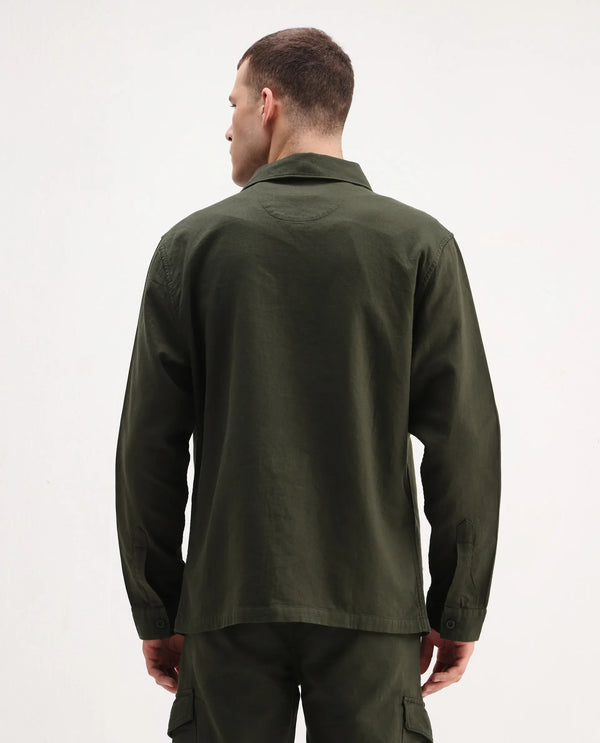 Rare Rabbit Men Prest-26 Olive Cotton Fabric Full Sleeve Collared Neck Button Closure Plain Shaket