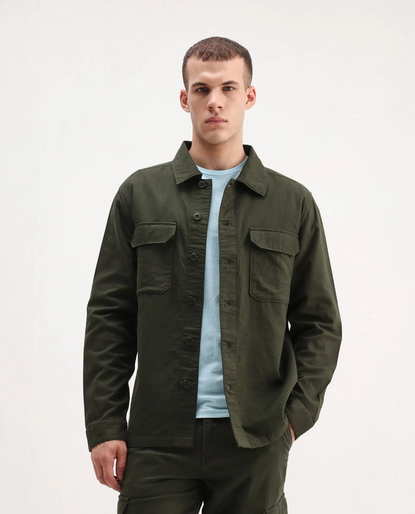 Rare Rabbit Men Prest-26 Olive Cotton Fabric Full Sleeve Collared Neck Button Closure Plain Shaket